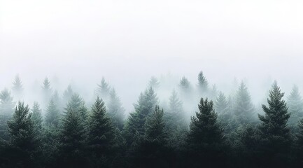 Misty forest with tall evergreen trees shrouded in fog