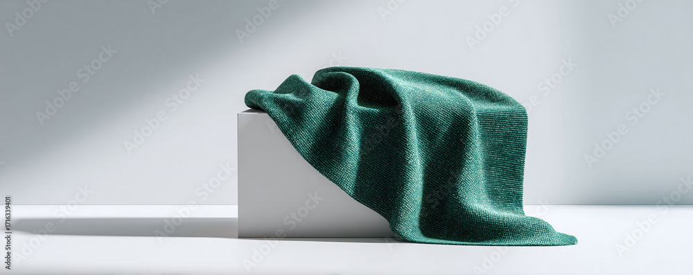 Poster elegant composition featuring a draped emerald fabric over a pristine white cube against a soft, neu