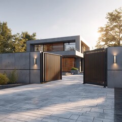 Fototapeta premium Automatic driveway gate at modern house entrance