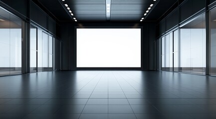 Modern empty interior hallway with glass walls and bright exit at the end