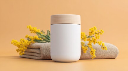 Minimalist white container with wooden lid placed on a warm-toned surface, surrounded by folded towels and yellow flowers.