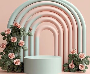 Pastel-colored arches with floral arrangements and a central pedestal in a minimalist setting