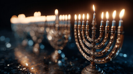 Illuminated menorahs with lit candles in a dark setting reflecting light on the surface