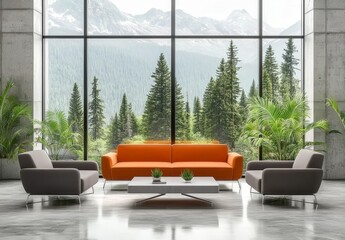 Modern living room with orange sofa, large windows, and mountain view