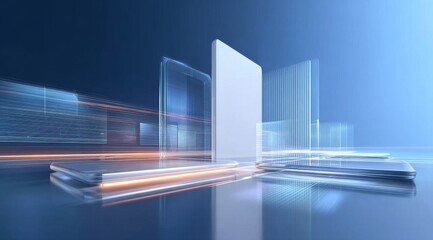 Abstract futuristic architectural design with glowing panels and reflective surfaces in a digital environment