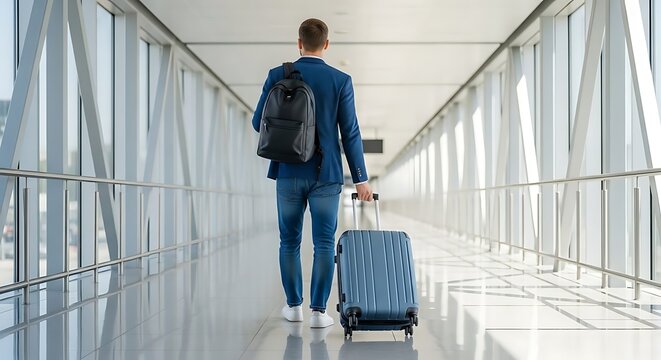 Business traveler with suitcase walking through busy airport terminal