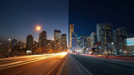 Fototapeta premium A city skyline with one half in daylight and the other half illuminated by streetlights and neon signs at night.