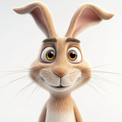 A close-up 3D portrait of a funny cartoon rabbit, isolated on a white background. A cheerful character, a fun print for children's clothing, and an illustration for children's party decor.