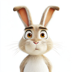A close-up 3D portrait of a funny cartoon rabbit, isolated on a white background. A cheerful character, a fun print for children's clothing, and an illustration for children's party decor.