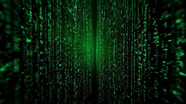 Abstract digital background featuring green binary code creating a sense of depth and movement. Perfect for tech-related themes.