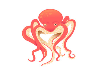 Red octopus with spread tentacles in frontal view. Marine cephalopod mollusk with suction cups. Eight arms extended in different directions. Ocean creature illustration. Vector illustration isolated