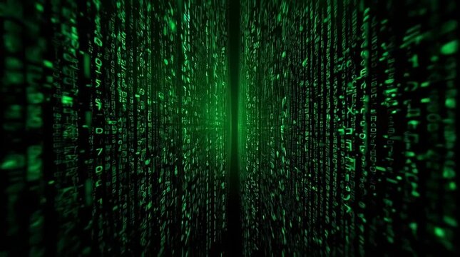 Abstract green digital tunnel with glowing binary code representing data transmission and technology innovation.