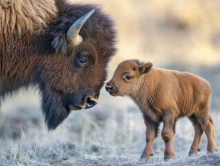 Fototapeta premium Close-up of a baby bison walking beside its mother, showing warmth and connection