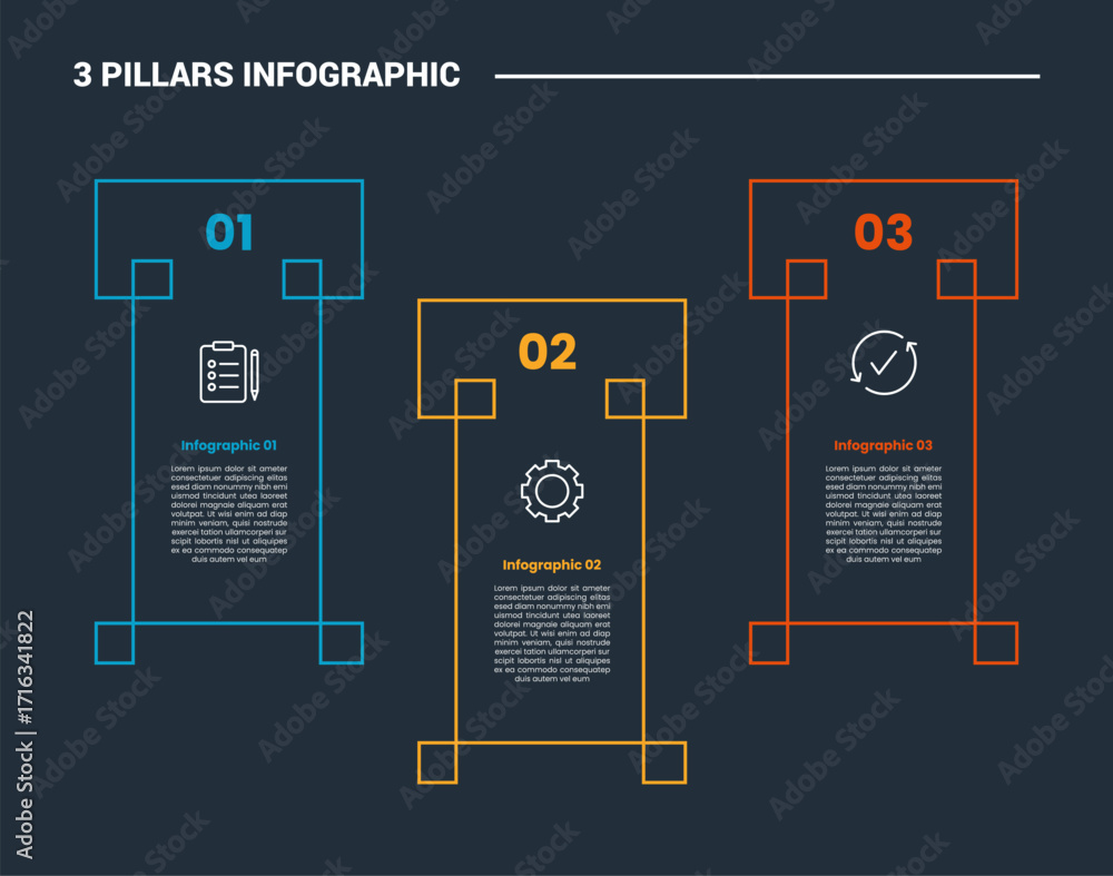 Poster 3 pillars infographic process diagram with creative swirl pillars up and down with dark background b
