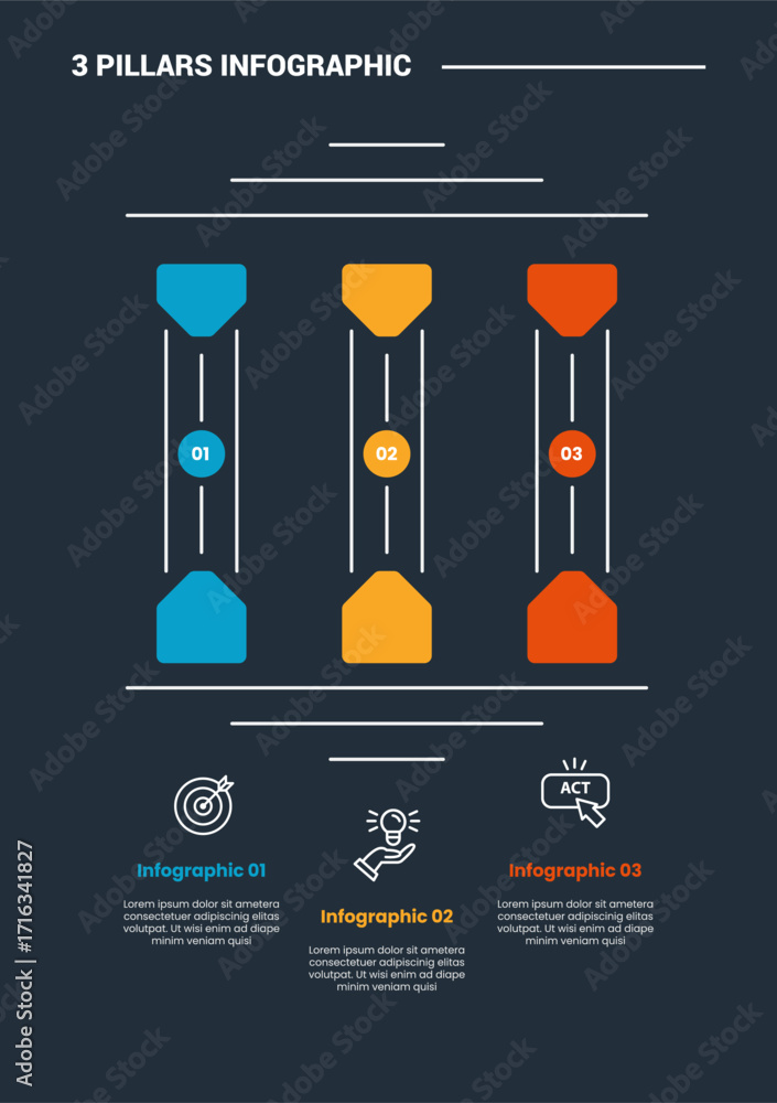 Aufkleber 3 pillars infographic process diagram with triangle badge top and bottom pillars with circle center 