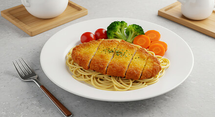 Deliciously Prepared Crispy Chicken Cutlet with Spaghetti and Fresh Steamed Vegetables on a White Plate