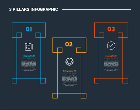 3 pillars infographic process diagram with creative swirl pillars up and down with dark background bright outline style 3 points