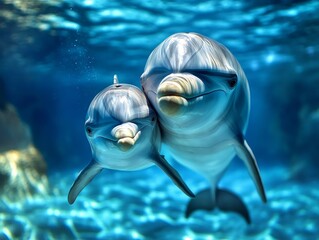 Close-up of a baby dolphin swimming closely alongside its mother, showcasing their strong familial bond