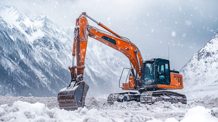 excavator in the snow mountains, tractor, machinery | Construction machinery and tractors working in snowy mountains | Tractor and excavator operating among snowy peaks