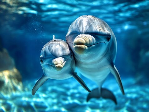 Close-up of a baby dolphin swimming closely alongside its mother, showcasing their strong familial bond - Powered by Adobe