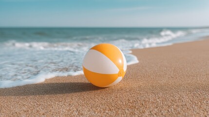 Obraz premium Colorful beach ball resting on sandy shore with gentle waves rolling in and a clear blue sky in the background, perfect for summer vacation themes