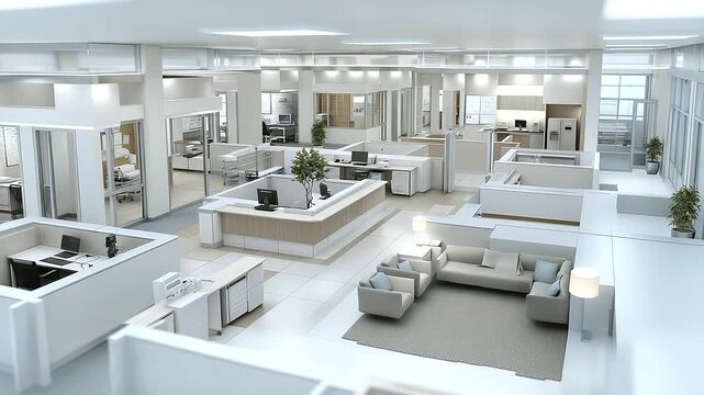 hospital floorplan zone separation between treatment diagnosis and consultation flow logic in spatial architecture three quarter wide angle cinematic color correction gentle back