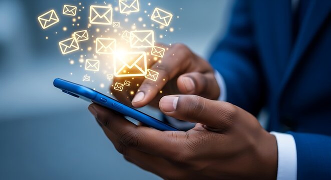 Man using phone with glowing email icons coming out