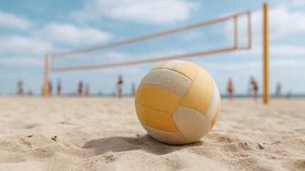 Beach Volleyball Scene with Yellow Ball on Sandy Surface Under Clear Sky with People Playing Volleyball in the Background