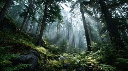 Obraz premium Mystical, dense old-growth forest with towering trees and gentle morning mist. Ethereal sun rays filter through the canopy onto a lush fern floor.