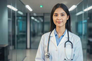 Femal woman doctor smiling in white lab coat uniform with stethoscope standing in a modern medical hospital clinic for hospitality and wellness in healthcare industry