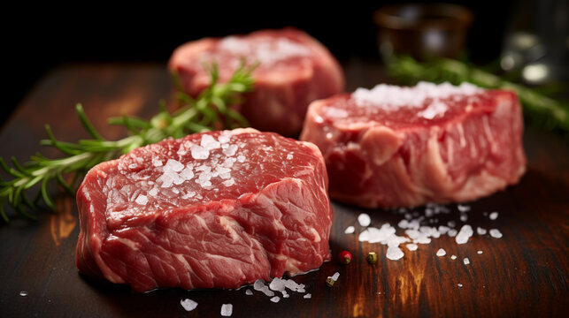 Pi&egrave;ce de viande de boucher. Morceaux de pav&eacute; de boeuf. Viande rouge. Viande crue avec des morceaux de gros sel et des herbes de Provence dispos&eacute; sur une planche d'ardoise. Cuisine, aliments. 