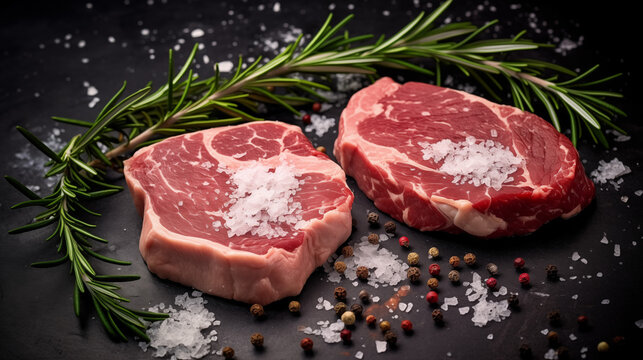 Pi&egrave;ce de viande de boucher. Morceaux de pav&eacute; de boeuf. Viande rouge. Viande crue avec des morceaux de gros sel et des herbes de Provence dispos&eacute; sur une planche d'ardoise. Cuisine, aliments. 