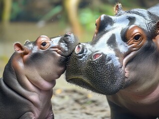 Close-up of a baby hippo playfully nuzzling its mother, showing affection