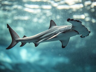 Close-up of a baby hammerhead shark gliding near the ocean surface, small but fierce