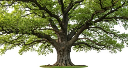 Fototapeta premium Majestic Ancient Oak Tree With Lush Green Canopy Against White Background