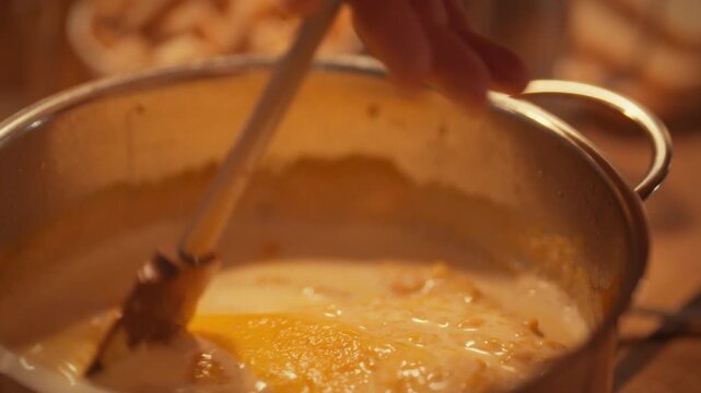 A man prepares pumpkin cream soup in his kitchen on warm autumn evening. Carefully mixing the smooth puree with cream, he creates thick soup. It's based on the classic idea of ​​preparing fall dinner
