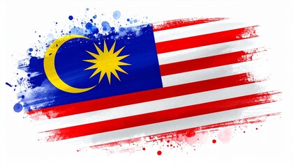 The flag of Malaysia painted in bold watercolor artistic splashes white background with vivid colors
