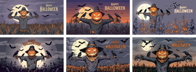 Halloween Scarecrow Vector Set. A Spooky Collection of Banners and Backgrounds with a Pumpkin Head Scarecrow in a Field at Night.