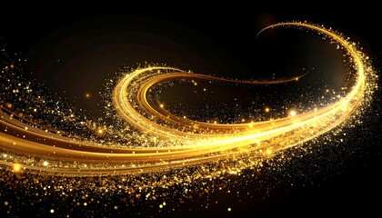 Golden light trails curve gracefully against a black background, with sparkling particles enhancing the dynamic composition
