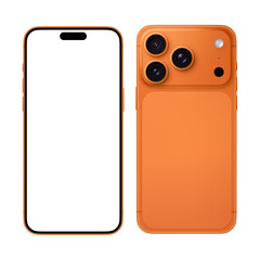 Orange Smartphone similar 17 pro max with blank white screen for Infographic, mobile app presentation, Global Business Marketing Plan, template mockup model on transparent Background
