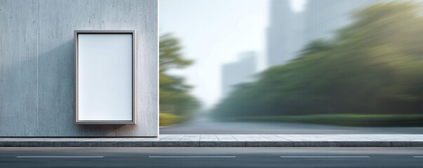 Urban advertisement mockup A blank billboard against a modern concrete wall, beside a road and lush trees. Ideal for promotional designs and architectural concepts.