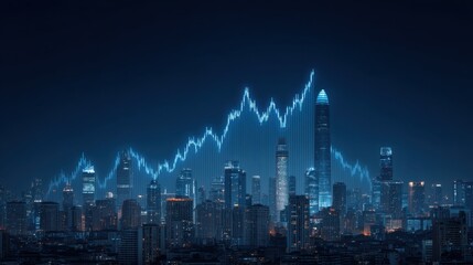 Urban skyline with digital stock market graph overlay at night showcasing financial growth and technology in a modern cityscape