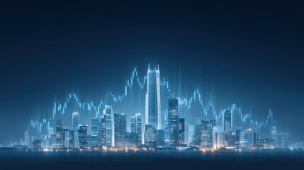 Modern urban skyline with digital financial graph overlay, symbolizing economic growth and technological advancement in a futuristic city environment
