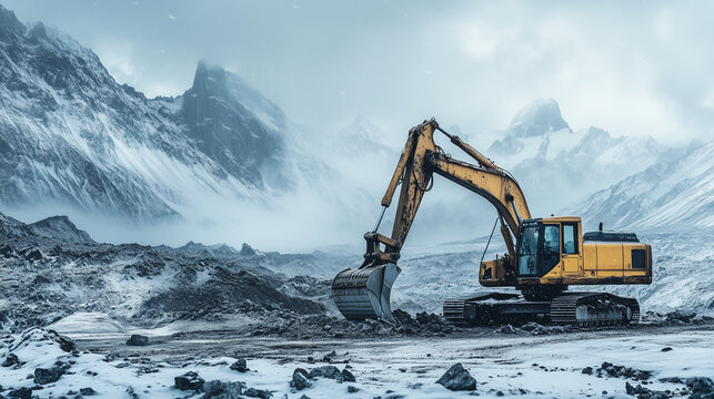 excavator in the snow mountains, tractor, machinery | Construction machinery and tractors working in snowy mountains | Tractor and excavator operating among snowy peaks