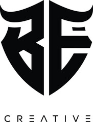 BE Shield Monogram Logo with Bull Horn – Bold Emblem Symbol for Security, Protection and Modern Branding