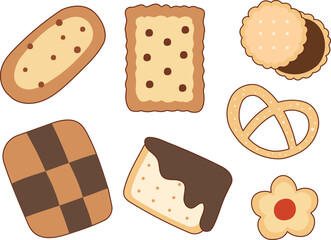 Cute cookies doodle collection set hand drawn vector isolated illustration. Cartoon of biscuit and snack clip art for asset, design, graphic element, menu, bakery