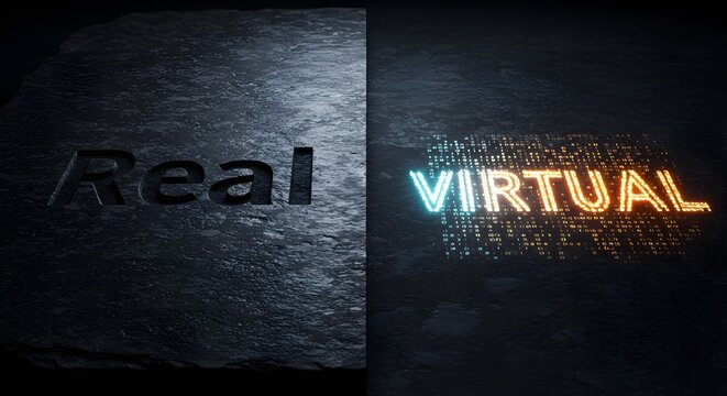 A conceptual illustration of the dichotomy between the tangible real world carved in stone and the luminous digital virtual world