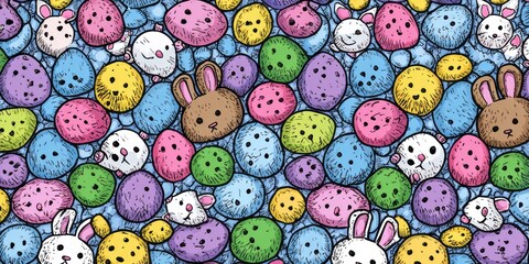 Obraz premium A vibrant pattern of whimsical rabbits, mice, and cookies in a cheerful color palette.