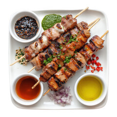 Grilled pork kebab with various sauces [Transparent Background PNG].