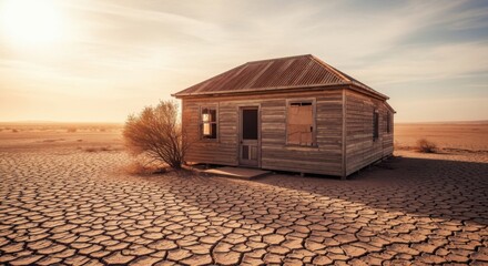 Old Wooden House in Arid Desert Landscape at Sunset